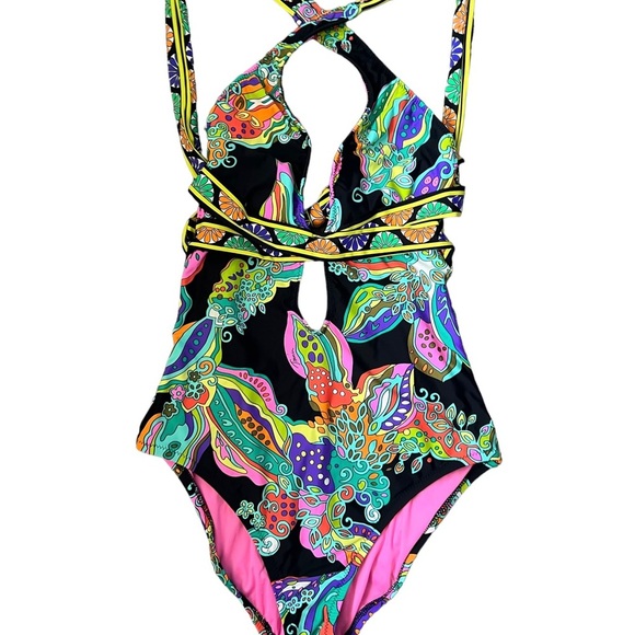 Trina Turk Sea Garden Multi One Piece Halter Cross-back Swimsuit Size 6 - Picture 10 of 15
